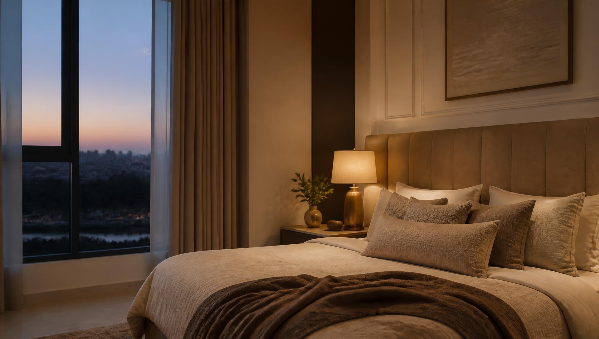Warm modern bedroom at dusk