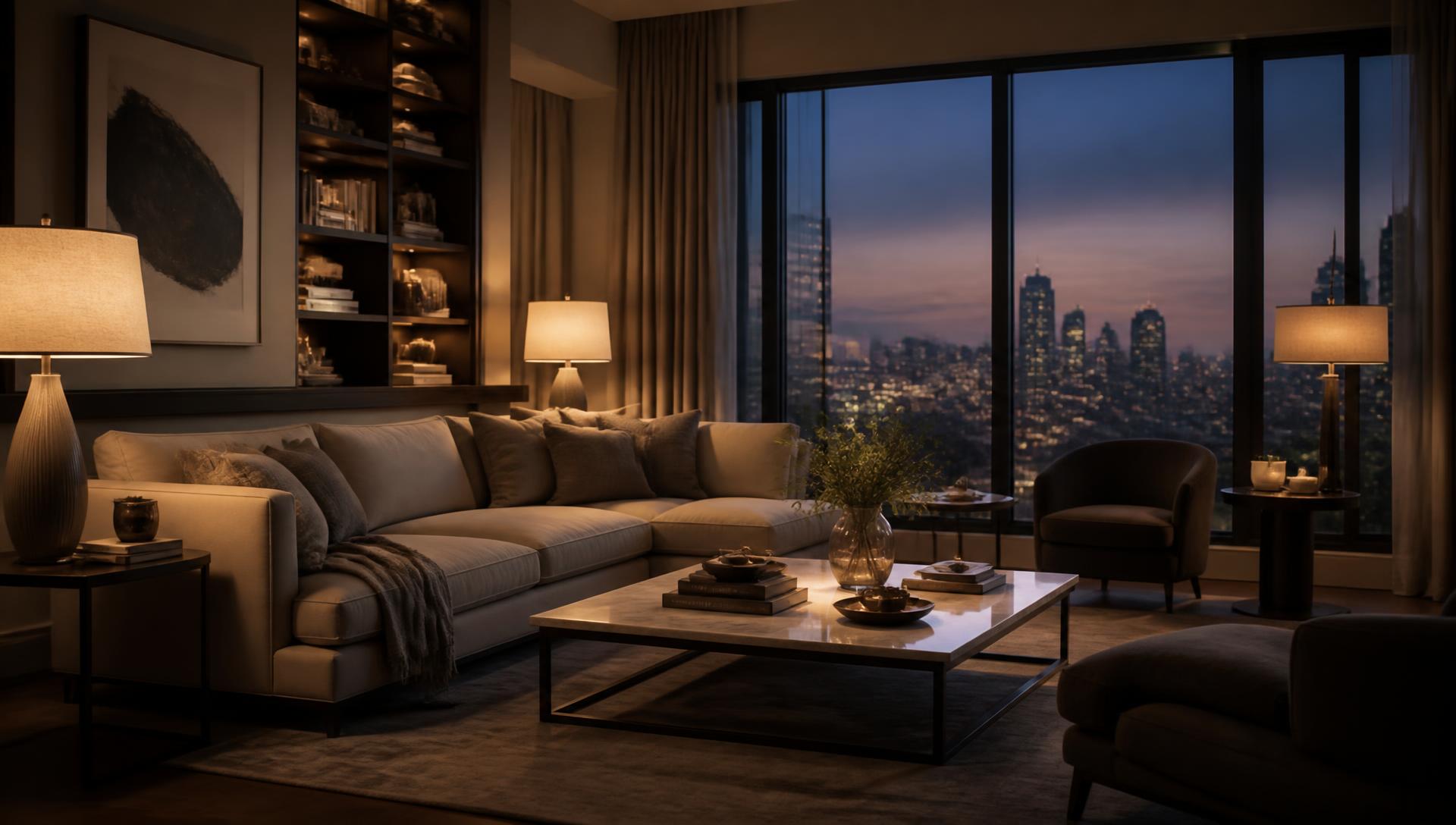 Evening living room with warm lamps